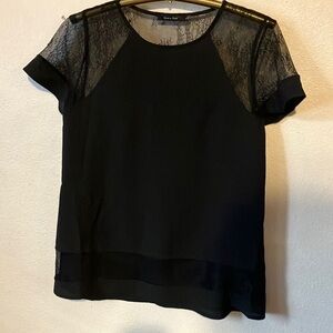 Doe & Rae Black Short Sleeve Blouse with Sheer‎ Lace Shoulders and Accents